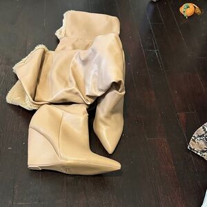 Elegant Beige Over the Knee Wedge Boots